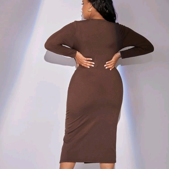 SHEIN 2XL Chocolate Brown Cut Out Twist Split Bodycon Dress - Picture 6 of 17